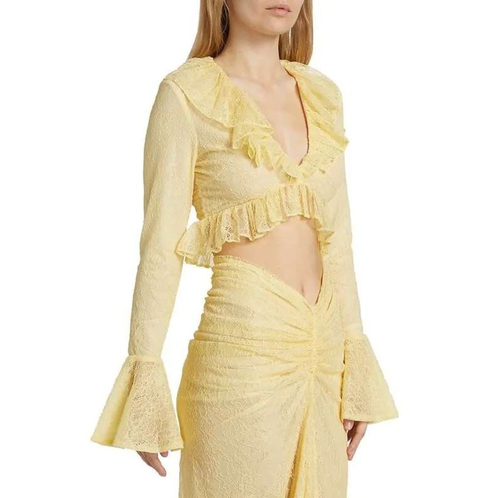 New Ronny Kobo Filipe Top XL Lace Ruffle Peplum Bell Sleeve Crop Blouse Yellow